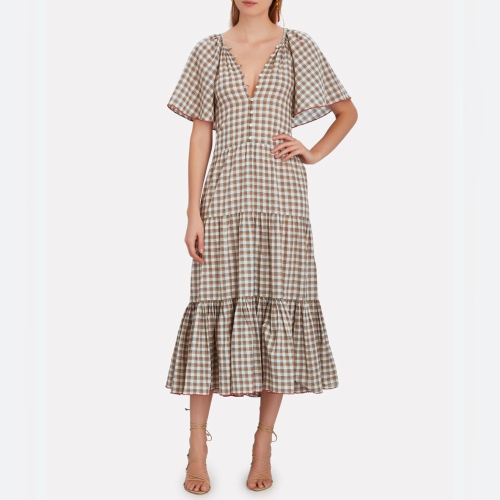 THE GREAT. Beige and White Gingham Tiered Midi Dress